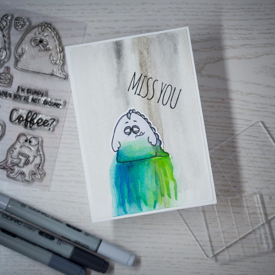Karte, Liebe, Vermisse Dich, Monster, handmade, © Gerda Steiner Design_Coffee Monster | © Stampers Anonymous_Bird Crazy (Tim Holtz) | © Copic_C7 | © Copic_C1 | © Copic_C5 | © Tsukineko_Memento - Tuxedo Black 