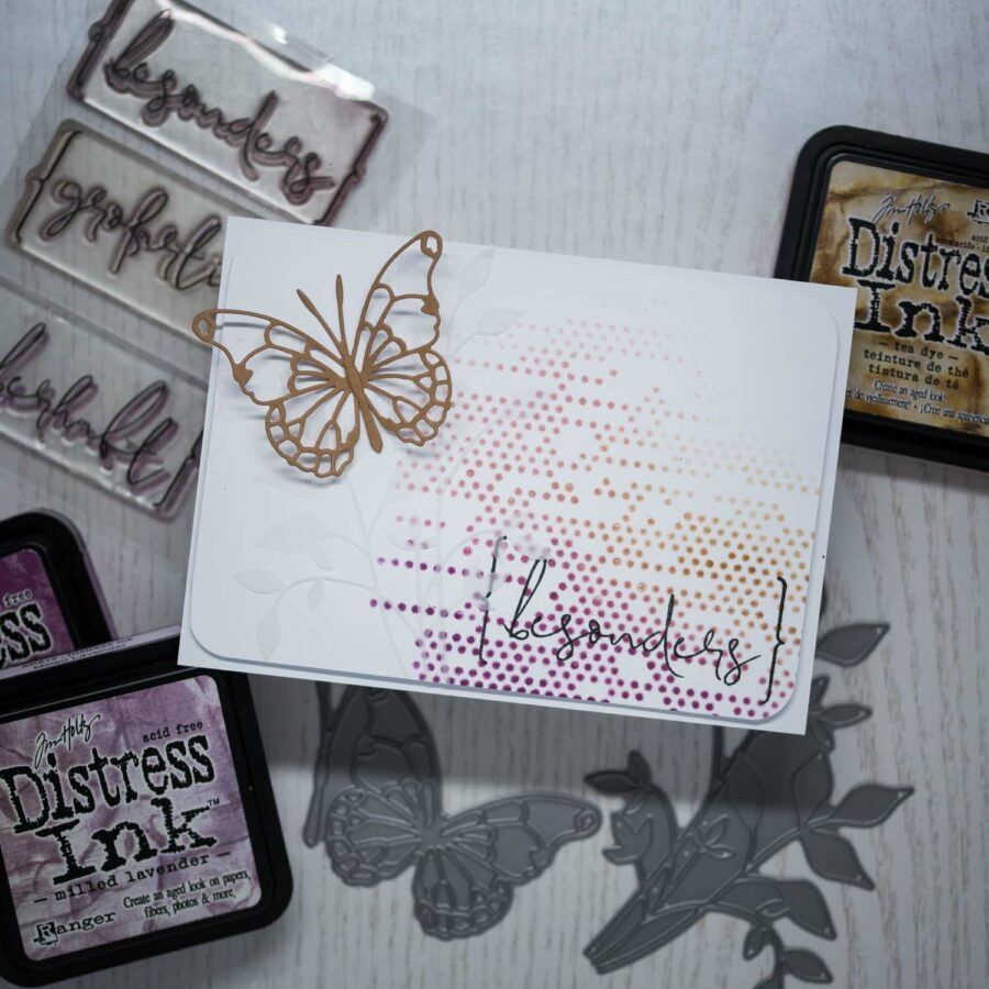 © Inkystamp_Wunderbar | © Ranger Ink_Distress Ink - Seedless Preserves | © Ranger Ink_Distress Ink - Dusty Concord | © Ranger Ink_Distress Ink - Tea Dye | © Memory Box_Lunette Butterfly / Vivienne Butterfly | 